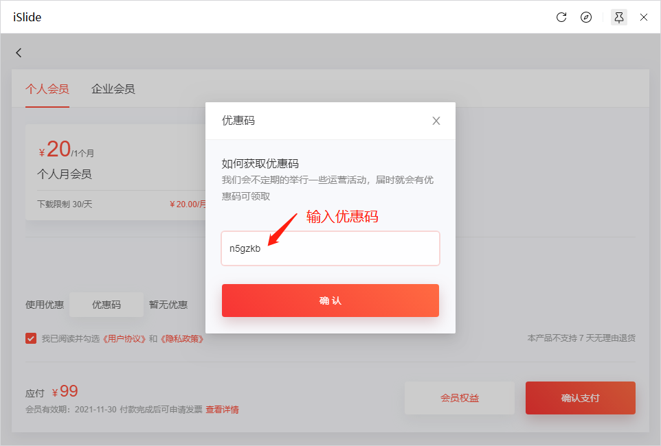 输入优惠码样例